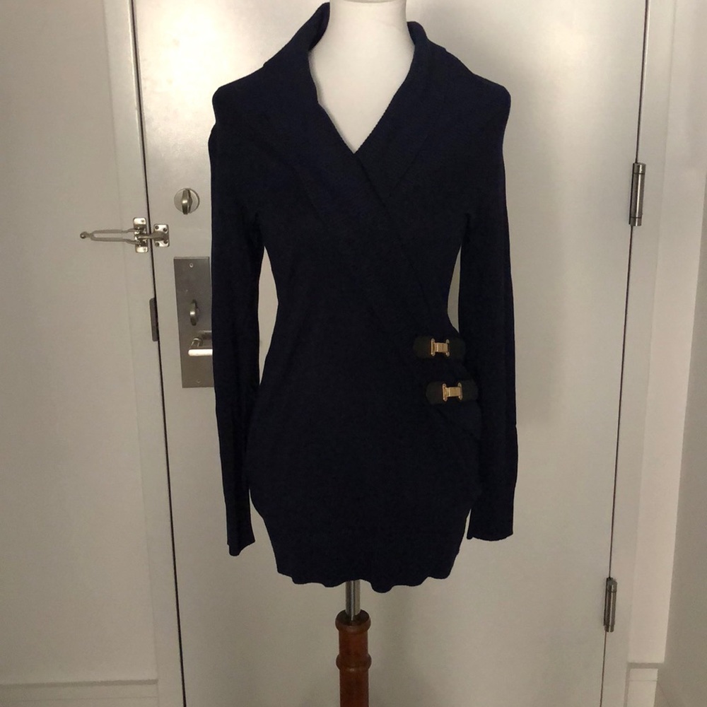 Navy Sweater with Gold Buckle Detail